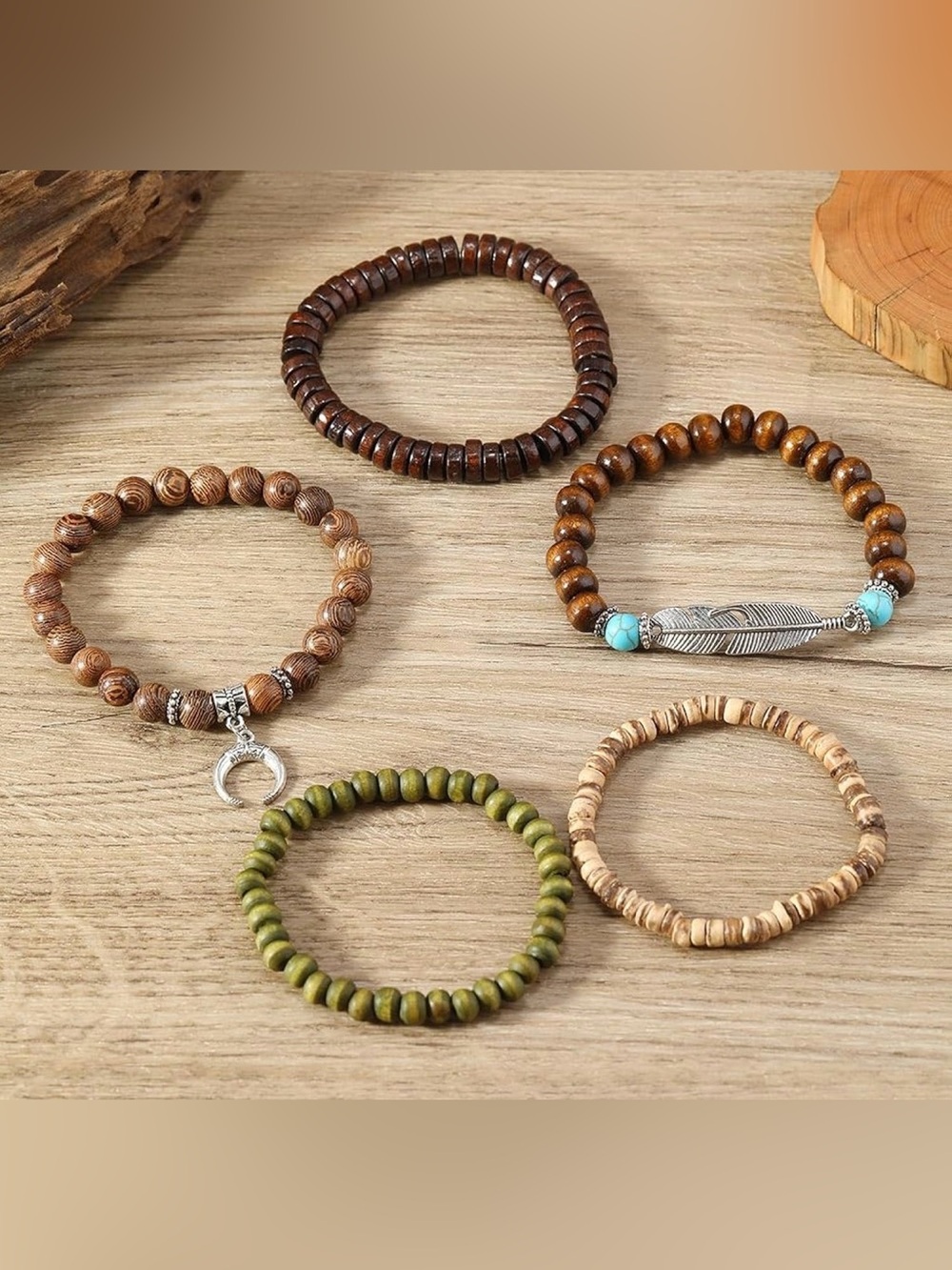 🌙✨5pcs Western Brown, Olive & Turquoise Beaded Layered Bracelet Set - Picture 5 of 7
